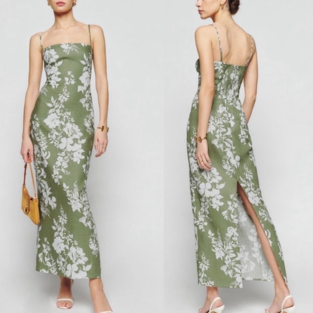 Reformation Frankie Green & White Floral Linen Dress